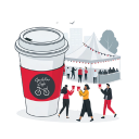 Coffee cup and outdoor festival tent with people