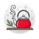 Steaming red teapot with leaf