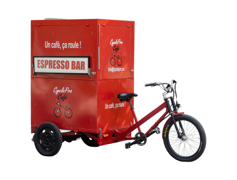 CycloPro Café’s red mobile espresso bike shown without background — compact, electric, and barista-ready.