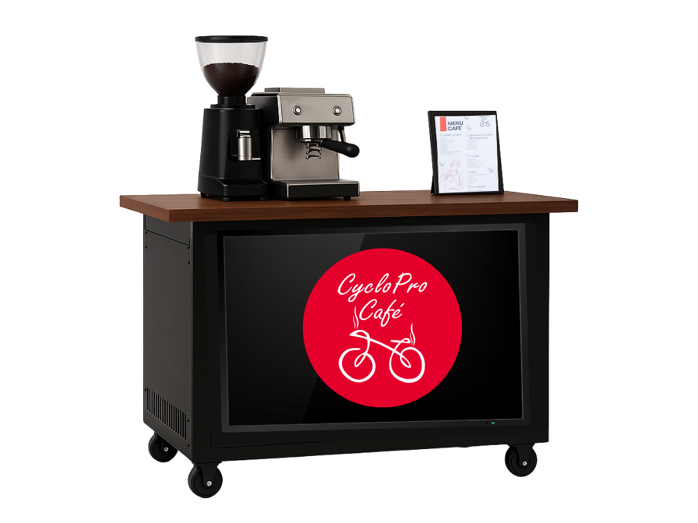 CycloPro Café indoor coffee cart with espresso machine and LED screen