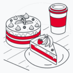 Icon of a whole cake, a slice of dessert, and a coffee cup on a wooden table